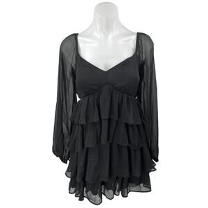 Abercrombie & Fitch Black Mesh Long Sleeve Ruffle Tiered Flounce Mini Dress Sz S